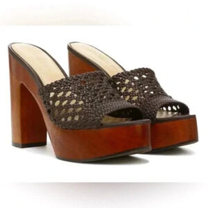 NWB Veronica Beard Guadalupe Leather Wood Chunky Braided Platform Sandal Heel 9